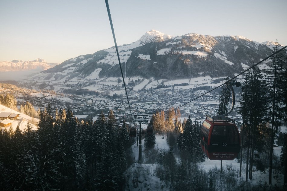 Kitzbühel panorama from the gondola on the Hahnenkamm snow-covered mountains