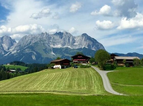 Alpiner Bauernhof auf einer grünen Wiese vor einem massiven Felsgebirge unter bewölktem Himmel.
