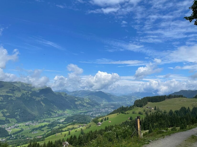 Aussicht von der Branderalm Blick von einem Schotterweg auf ein grünes Tal mit bewaldeten Hängen und Bergen unter blauem Wolkenhimmel.