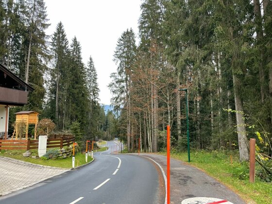 Straßenverlauf Kitzbüheler Runde Asphaltierte Straße mit angrenzendem Radweg führt durch ein Waldgebiet vorbei an einem Wohnhaus.
