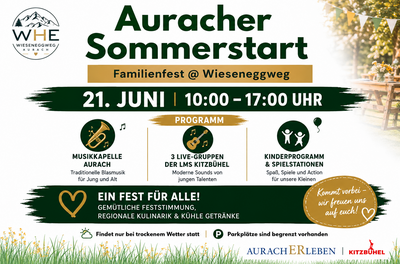 Ein plakatartiges Bild für das Auracher Sommerstart-Familienfest. Es zeigt das Datum, die Uhrzeit, das Programm mit Musik, Kinderspielen und regionalen kulinarischen Angeboten.