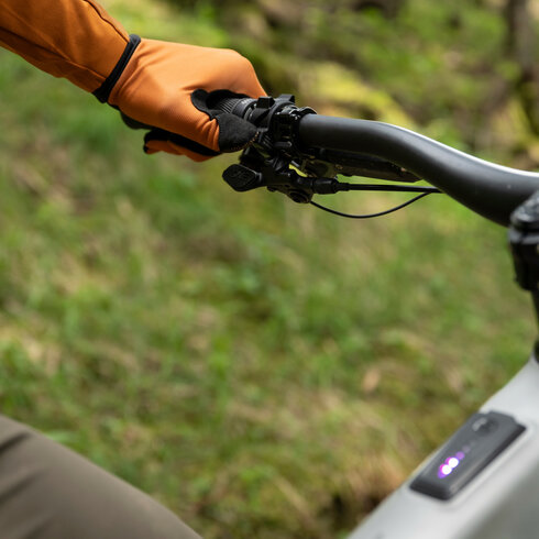 Ein E-Biker hält den Lenker seines E-Mountainbikes auf einem erdigen Singletrail in Kitzbühel, umgeben von grünem Gras.
