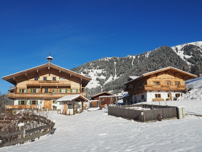 P1010527 Eine malerische alpine Landschaft mit zwei traditionellen Holzhäusern. Der Schnee bedeckt den Boden und die umliegenden Berge sind klar im Hintergrund sichtbar.