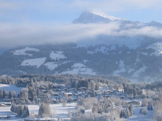 Verschneites Bergdorf vor bewaldetem Hang und wolkenverhangenem Gipfel.
