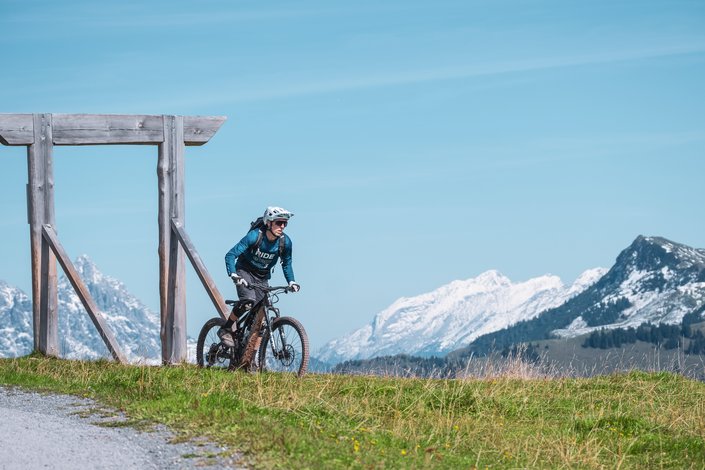 Biker and mountain panorama