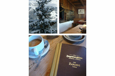 Impressionen der Jagawurzhütte Collage aus verschneiter Tanne, rustikaler Holzhütte innen und einer Kaffeetasse mit Speisekarte auf einem Holztisch.