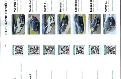 Carsharing Kitzbühel Fahrzeugübersicht Übersichtstabelle mit verschiedenen Pkw-Modellen, QR-Codes und technischen Details für Carsharing in Kitzbühel.