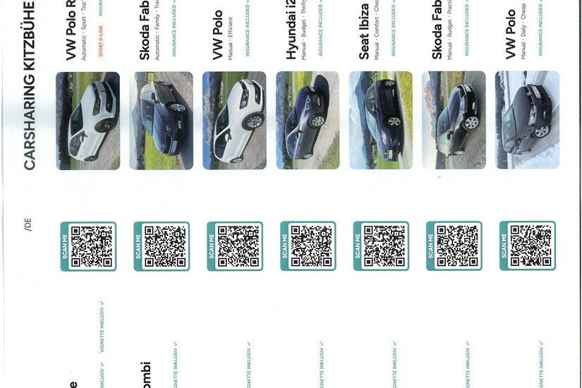 Carsharing Kitzbühel Fahrzeugübersicht Übersichtstabelle mit verschiedenen Pkw-Modellen, QR-Codes und technischen Details für Carsharing in Kitzbühel.