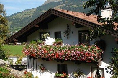 Alpines Wohnhaus mit blumengeschmücktem Holzbalkon vor bewaldeten Bergen.