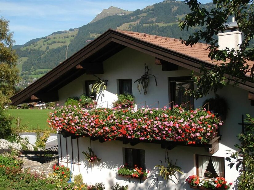 Sommer am Haus Kolb Alpines Wohnhaus mit blumengeschmücktem Holzbalkon vor bewaldeten Bergen.