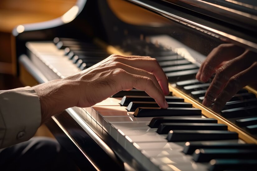 Nahaufnahme einer Hand, die auf den Tasten eines schwarzen Flügels spielt.