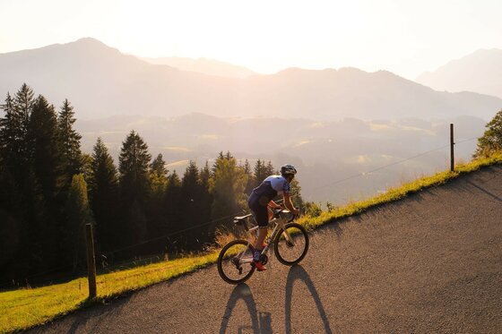 Rennradfahren am Kitzbüheler Horn Rennradfahrer auf einer steilen Asphaltstraße vor einer Bergkulisse bei Sonnenuntergang.