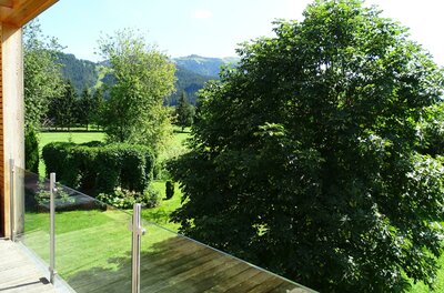 Blick von einem Holzbalkon mit Glasgeländer auf eine grüne Gartenanlage mit Bäumen und Bergen im Hintergrund.