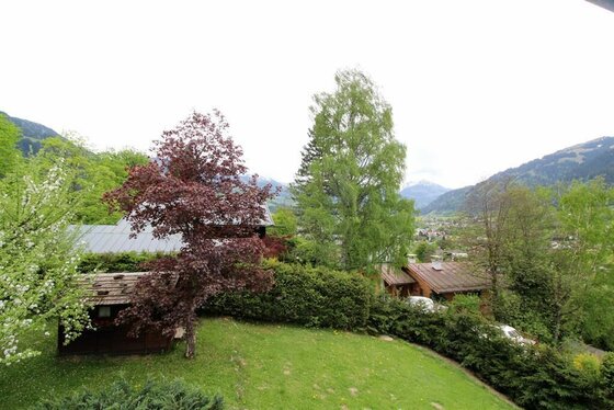 Blick von oben auf einen Garten mit Rasenfläche, Bäumen und angrenzenden Häusern vor einer Bergkulisse.