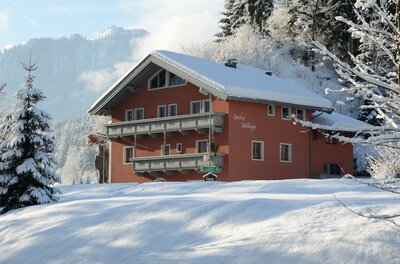 Gasthof Möllinger im Winter Ein rotes, schneebedecktes Gasthaus mit Holzbalkonen in einer winterlichen Berglandschaft.