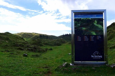 Infotafel am Karstweg Informationstafel zum Karstweg in einer grünen Hügellandschaft unter bewölktem Himmel.