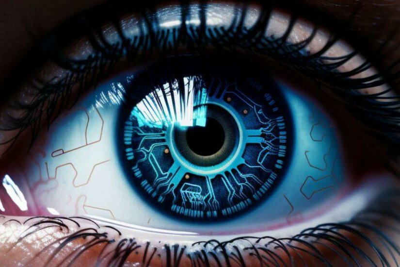 Nahaufnahme eines menschlichen Auges mit digitaler Schaltkreis-Struktur in der blauen Iris.