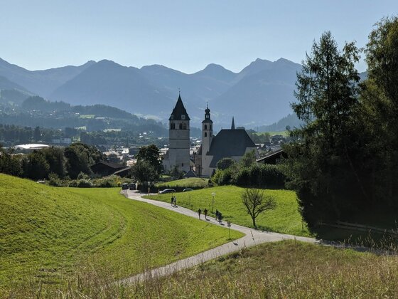 Blick über grüne Wiesen auf eine Kirche mit zwei Türmen vor einer Gebirgskette.