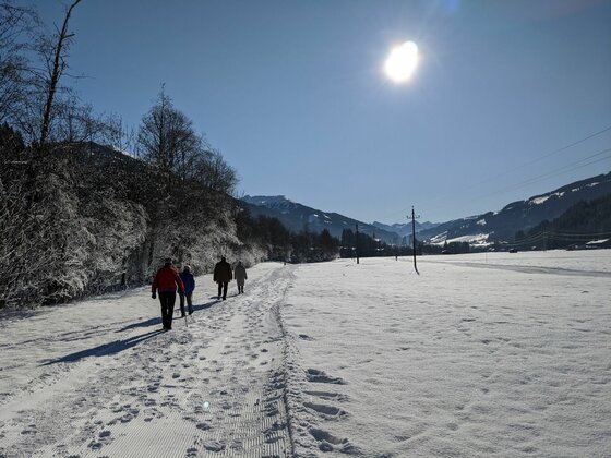 Winterwanderung am Achenweg Personen wandern auf einem verschneiten Weg neben einer weiten Schneefläche unter blauem Himmel.