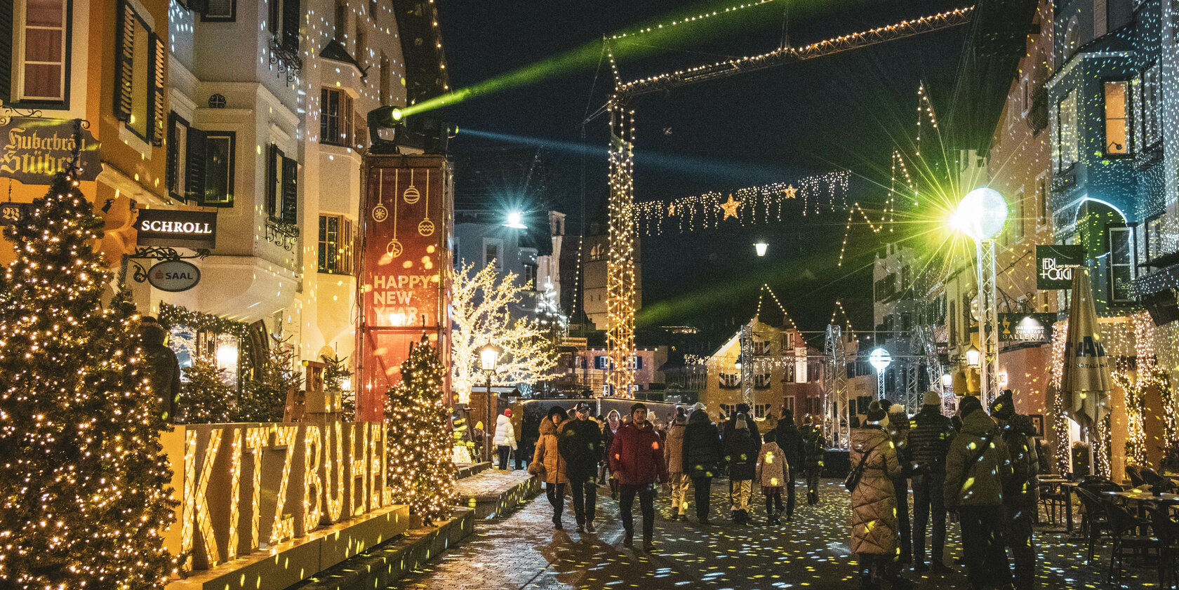 Kitzbühel's downtown area with light installations