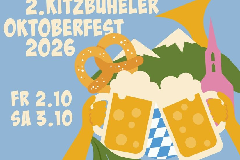 Grafik zum 2. Kitzbüheler Oktoberfest mit Bierkrügen, Brezel und Bergen vor blauem Hintergrund.