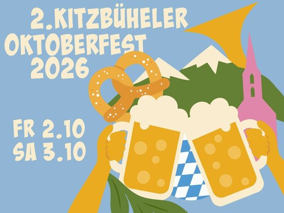 Grafik zum 2. Kitzbüheler Oktoberfest mit Bierkrügen, Brezel und Bergen vor blauem Hintergrund.
