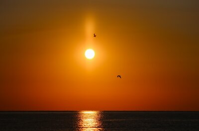 Ein schöner Sonnenuntergang über dem Wasser. Die orangefarbenen und goldenen Töne spiegeln sich im Meer.