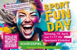 Ein fröhliches Event-Poster für den "Sport Fun Day" mit bunten Farben und einem lächelnden Gesicht. Der Anlass findet am 19. April im Sportpark Kitzbühel statt.