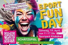 Sport Fun Day Ein fröhliches Event-Poster für den "Sport Fun Day" mit bunten Farben und einem lächelnden Gesicht. Der Anlass findet am 19. April im Sportpark Kitzbühel statt.