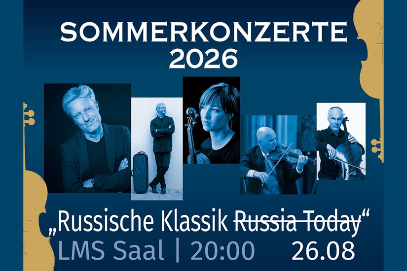 Veranstaltungsplakat mit Porträts von Musikern und Text zu den Sommerkonzerten 2026.