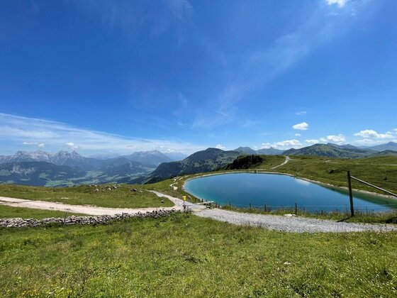 Hornköpflsee bei den Raintal-Almen Ein runder Speichersee in einer alpinen Graslandschaft unter blauem Himmel mit Blick auf ferne Berggipfel.