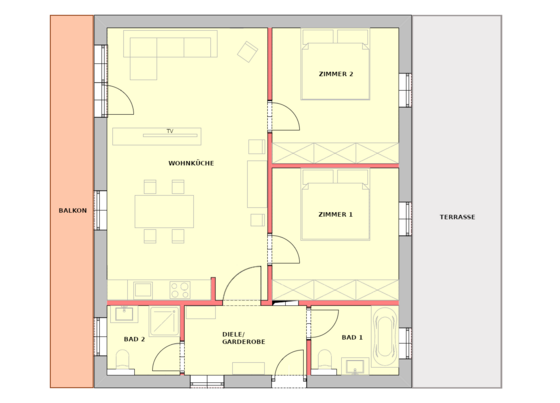 Grundriss einer Ferienwohnung mit Wohnküche, zwei Zimmern, zwei Bädern, Balkon und Terrasse.