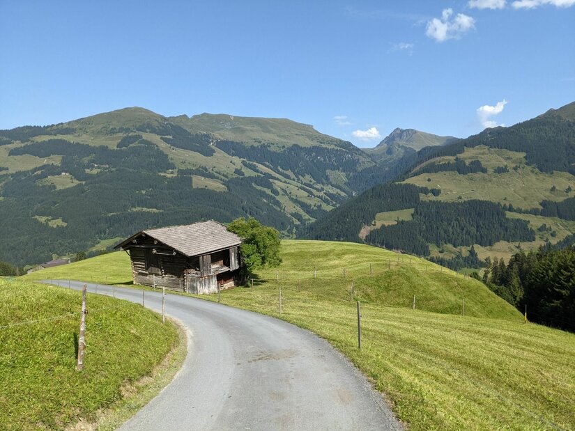 Asphaltierter Bergweg führt an einer alten Holzhütte auf einer grünen Almwiese vorbei, im Hintergrund bewaldete Berge.