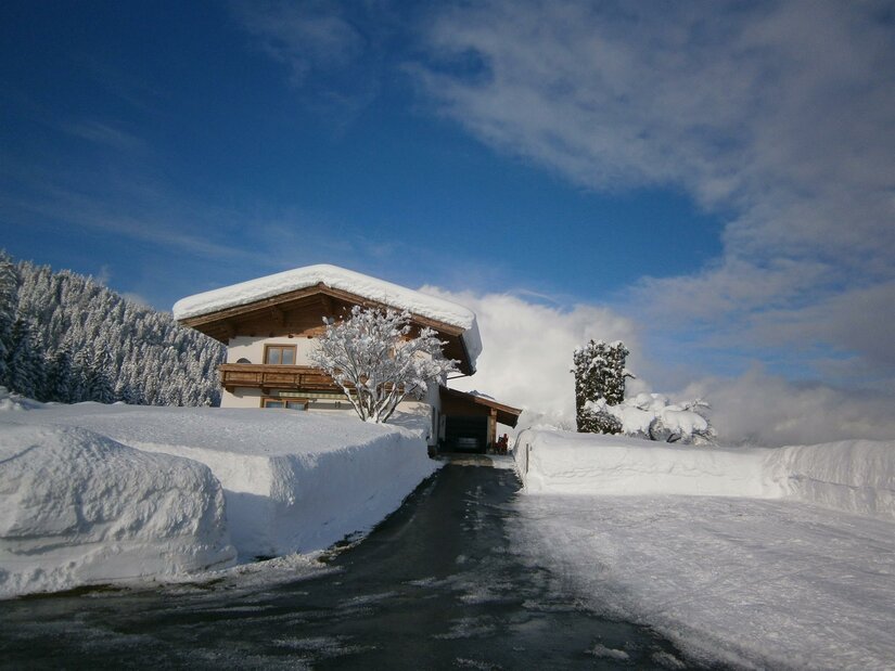 Alpines Wohnhaus mit schneebedecktem Dach und geräumter Zufahrt vor bewaldetem Hang unter blauem Himmel.