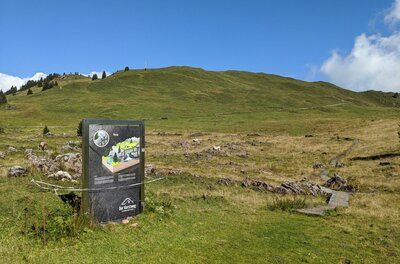 Infotafel am Karstweg vor einer grünen Berglandschaft mit Wanderpfad.