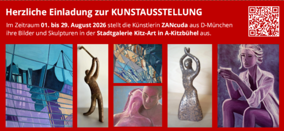 Einladungsbanner für eine Kunstausstellung mit Gemälden und Skulpturen auf rotem Hintergrund.
