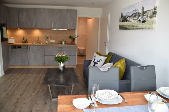 Wohnküche im Apartment Sabrina Moderner Wohn- und Essbereich mit grauer Küchenzeile, Sofa und gedecktem Holztisch.
