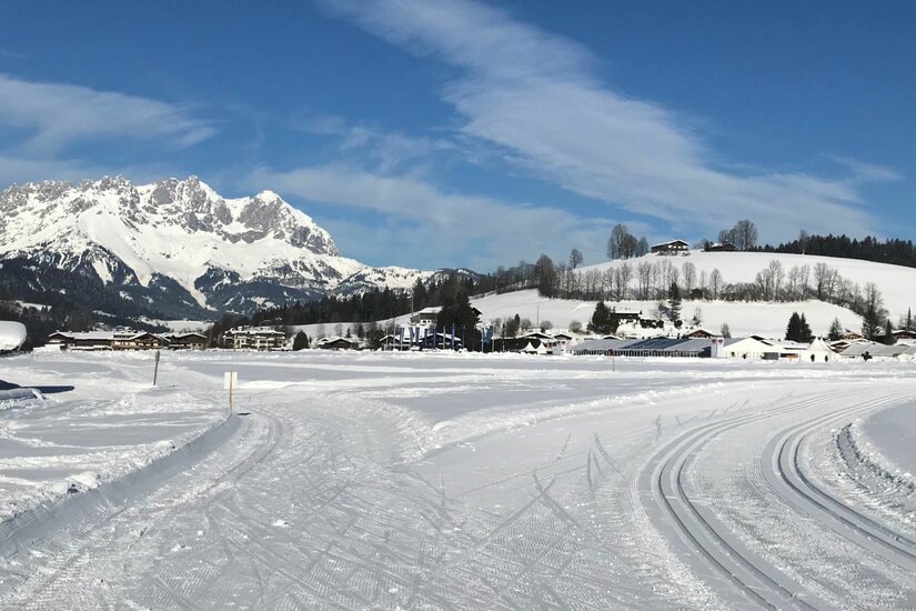 Genussloipe im Winter Präparierte Langlaufloipe in einer verschneiten Ebene vor einem Bergmassiv.