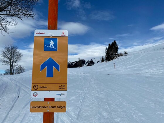 Beschilderung Bichlalm Pisten-Skitour Gelbes Hinweisschild für eine Skitour zur Bichlalm vor einer verschneiten Berglandschaft.