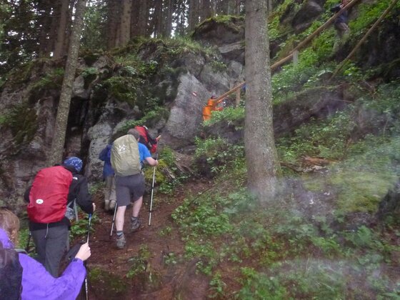 Wandergruppe im Wald Wandergruppe mit Rucksäcken und Stöcken auf einem steilen Waldpfad an Felsen vorbei.