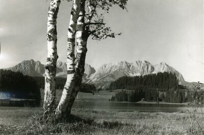 Sonderausstellung Eine malerische Berglandschaft mit einem kleinen Dorf im Vordergrund. Die hohen Berge im Hintergrund sind von grünen Wiesen umgeben.