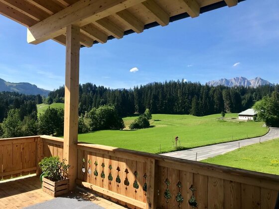 Balkonausblick Landhaus Barbara Blick von einem Holz-Balkon auf grüne Wiesen, einen Nadelwald und ein Gebirgsmassiv unter blauem Himmel.