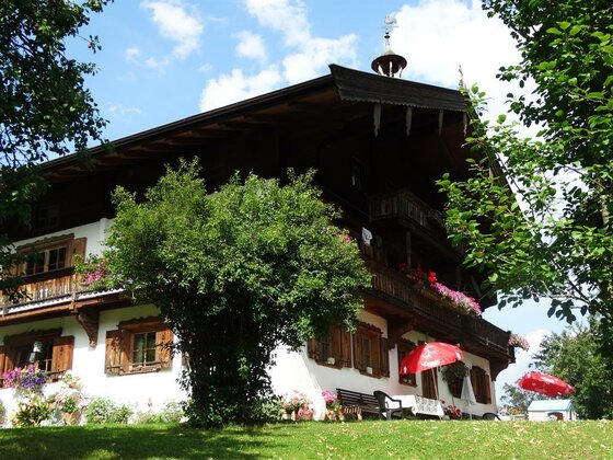 Alpenländisches Bauernhaus mit Holzbalkonen, Blumenkasten und Sonnenschirm auf einer Wiese.