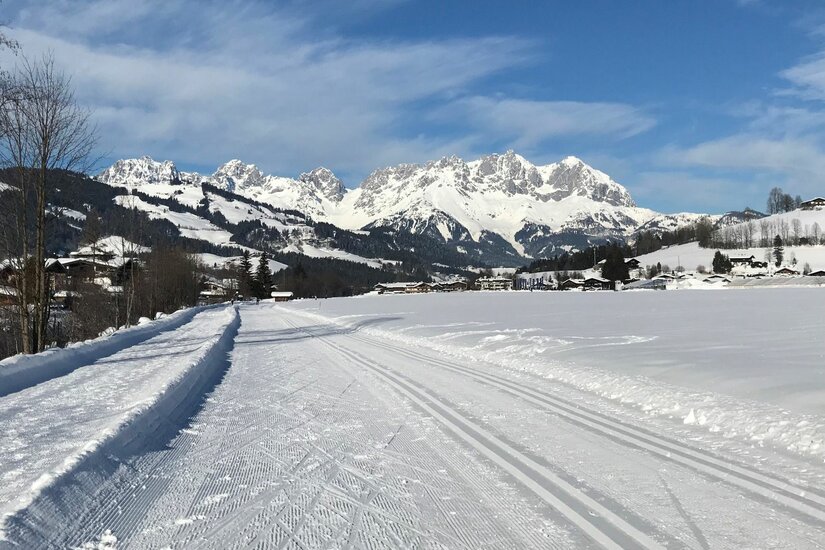 Lisa Hauser Loipe Präparierte Langlaufloipe in einer verschneiten Ebene vor einem markanten, schneebedeckten Gebirgsmassiv.