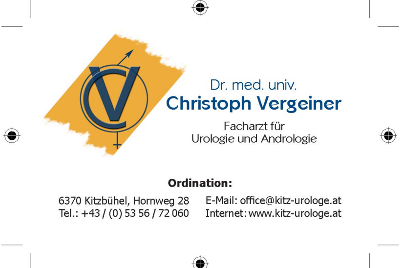Visitenkarte von Dr. med. univ. Christoph Vergeiner mit Logo und Kontaktdaten.