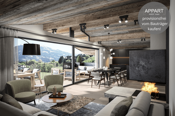 Wohnbereich Alpin Residenz Eichenheim Moderner Wohnraum mit Altholzdecke, Kamin und großer Fensterfront mit Blick auf die Alpen.
