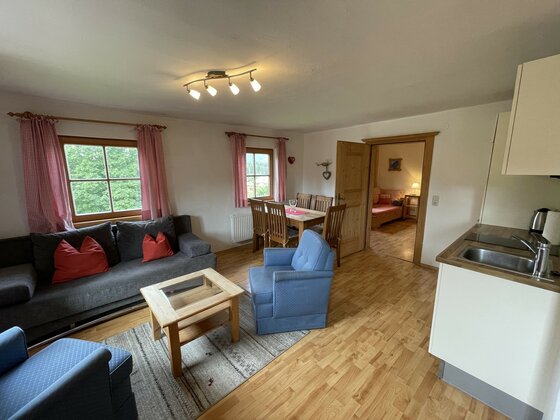 Wohnbereich einer Ferienwohnung mit Sofa, Sesseln, Esstisch aus Holz und kleiner Küchenzeile.