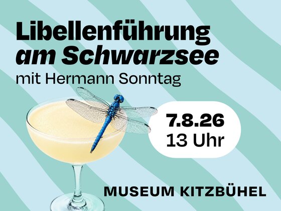 Ein Poster für eine Veranstaltung im Museum Kitzbühel. Es zeigt ein Getränk mit einer Libelle und Informationen zur Führung am Schwarzsee.