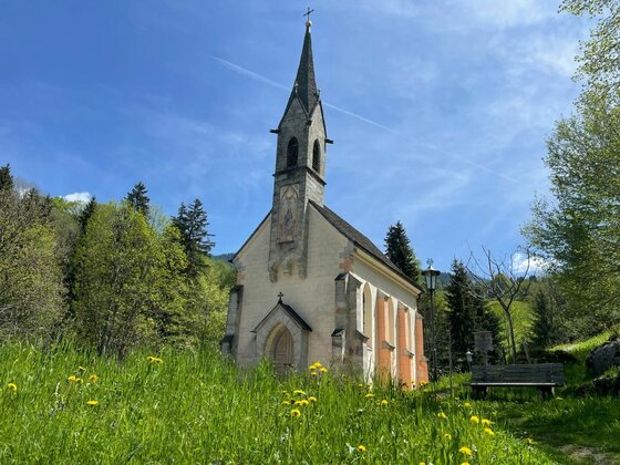 Kleine Kapelle mit spitzem Turm auf einer grünen Wiese mit gelben Blumen vor Waldhintergrund.
