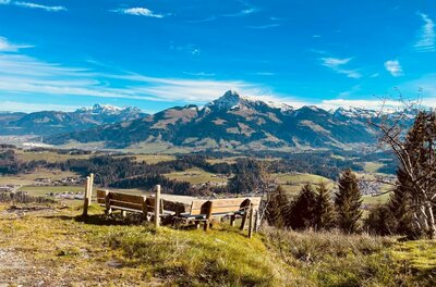 Holzsitzgruppe auf einer Wiese mit Blick auf ein Gebirgspanorama unter blauem Himmel.